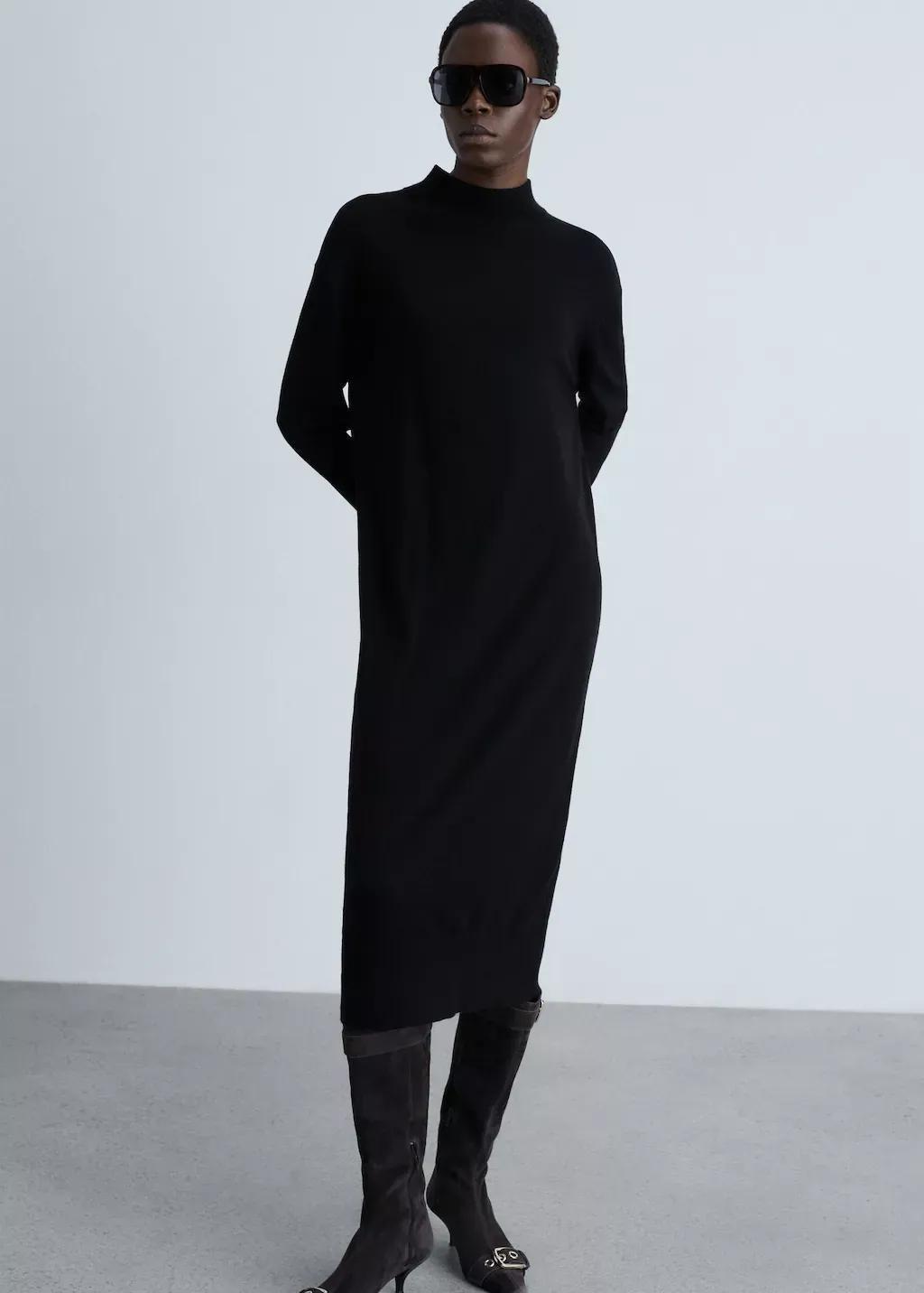 Black Perkins-Neck Knitted Dress, , large image number 0