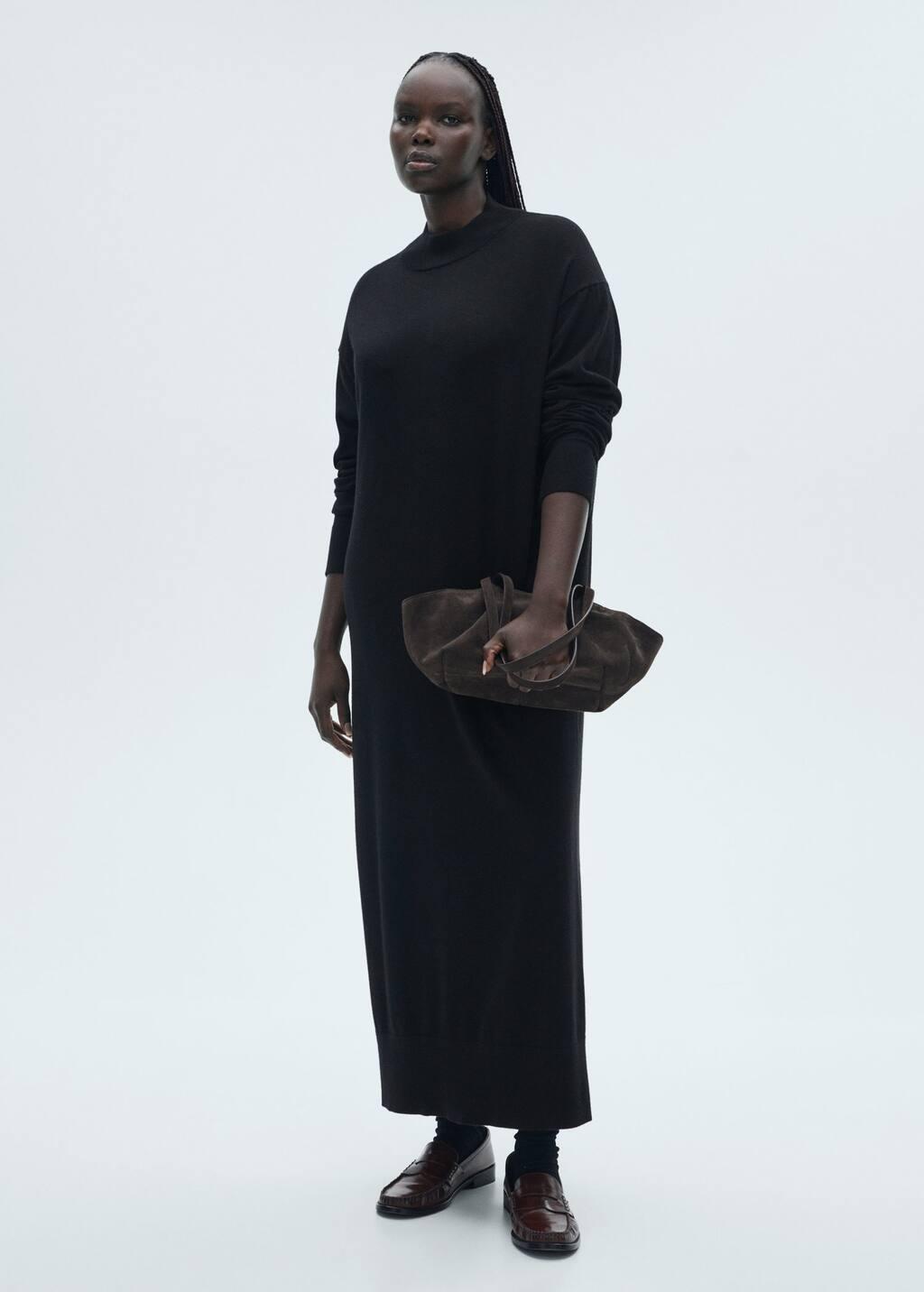 Black Perkins-Neck Knitted Dress, , large image number 5