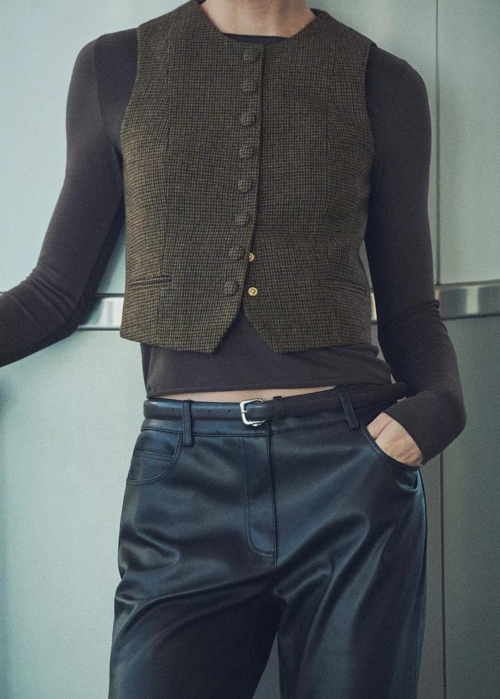 Brown Micro Houndstooth Wool Vest, , large image number 0