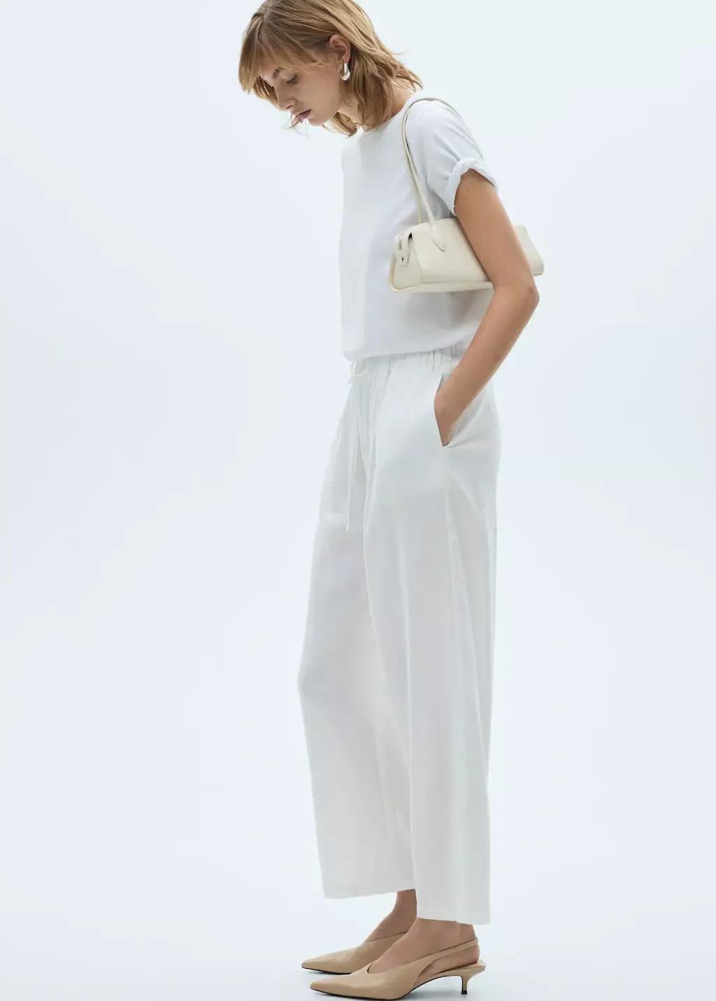 White Flowing Linen Trousers, , large image number 2