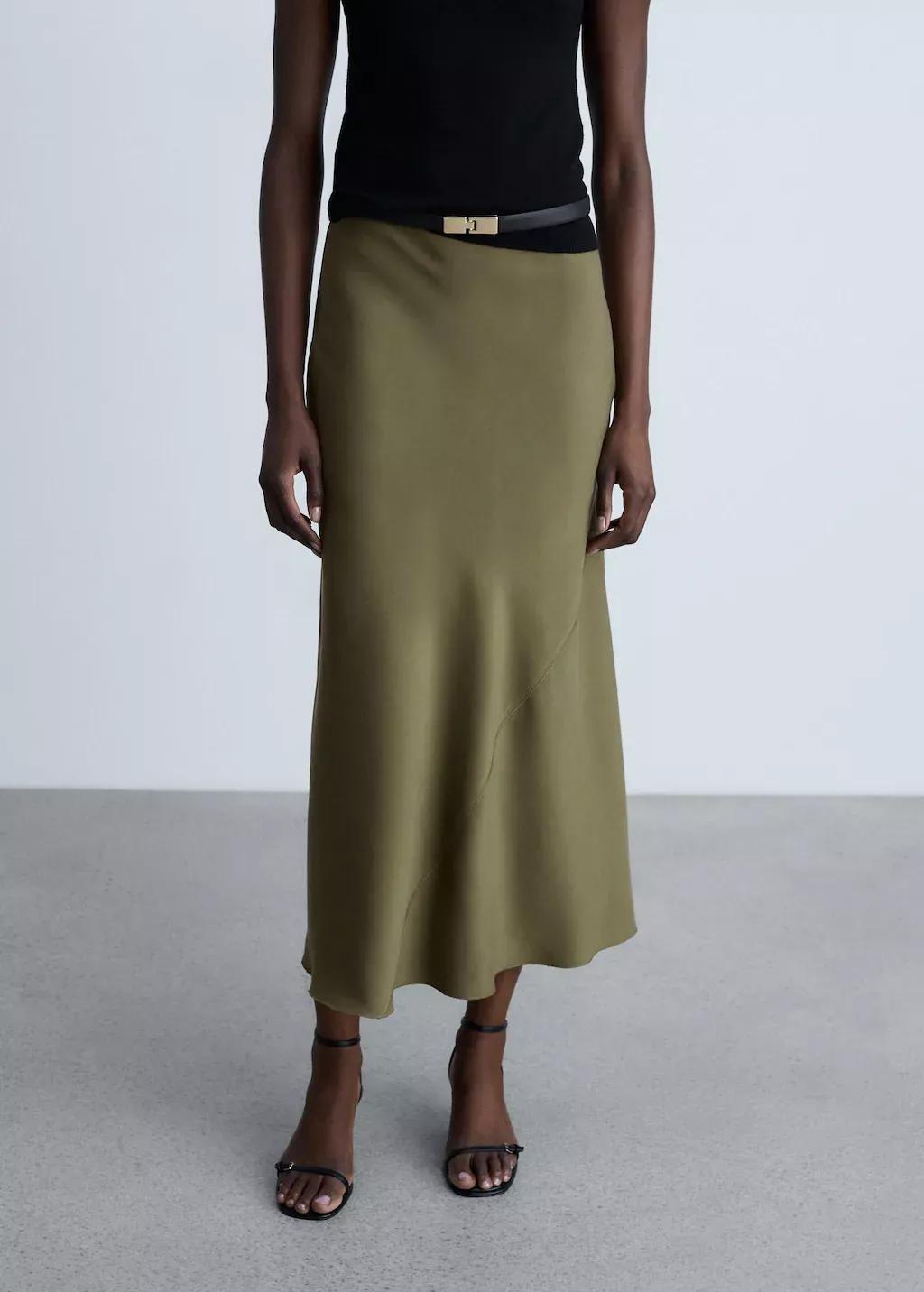 Khaki Midi Satin Skirt, , medium
