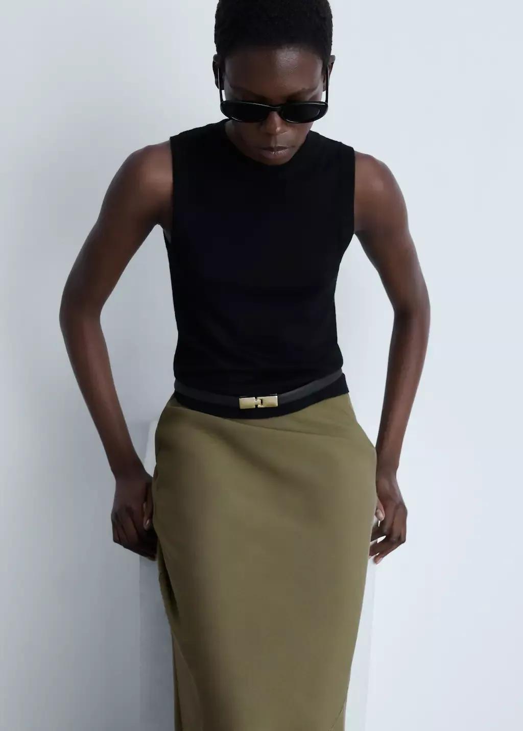 Khaki Midi Satin Skirt, , large image number 1