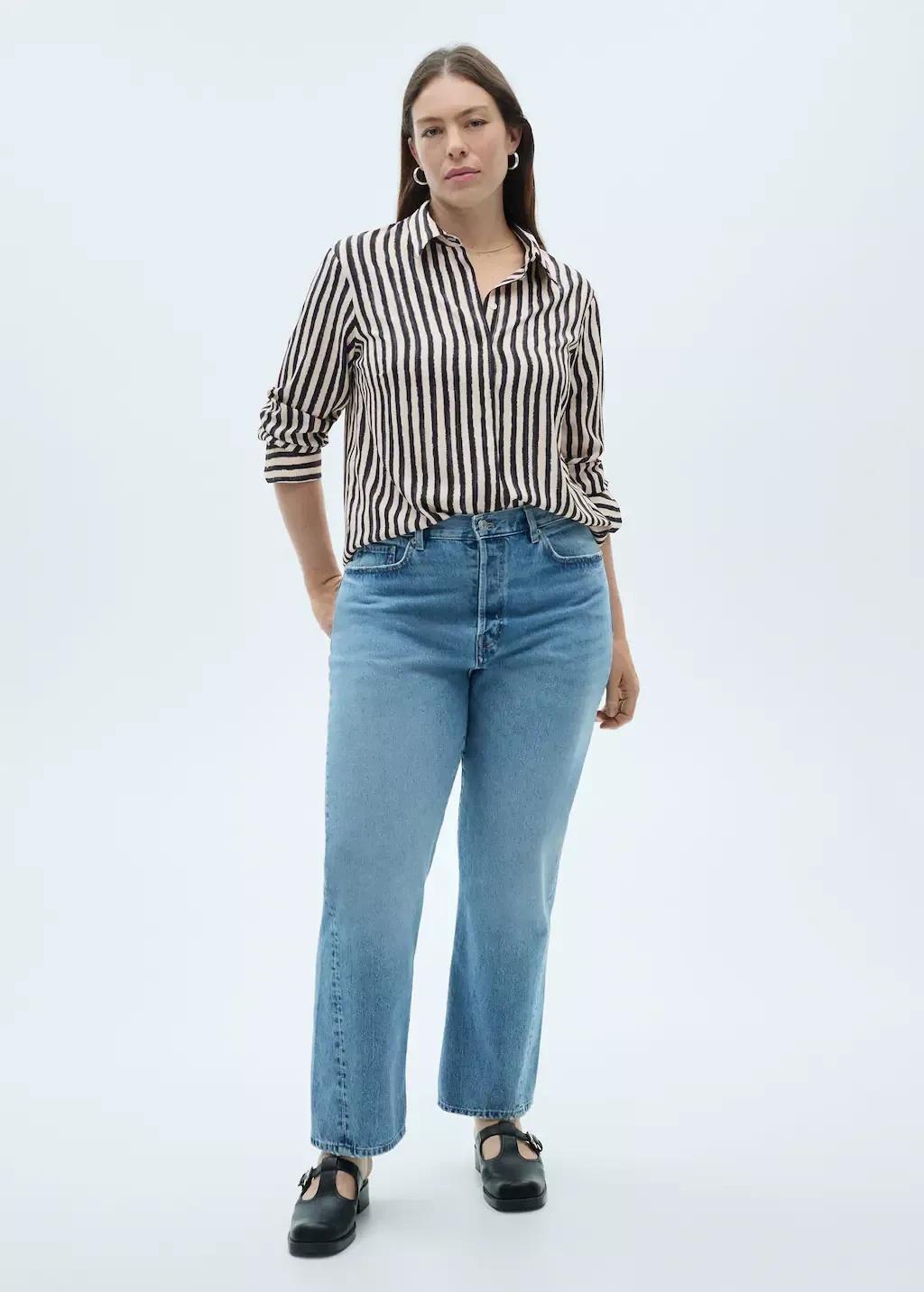 LIGHT BEIGE Striped flowy shirt, , large image number 2