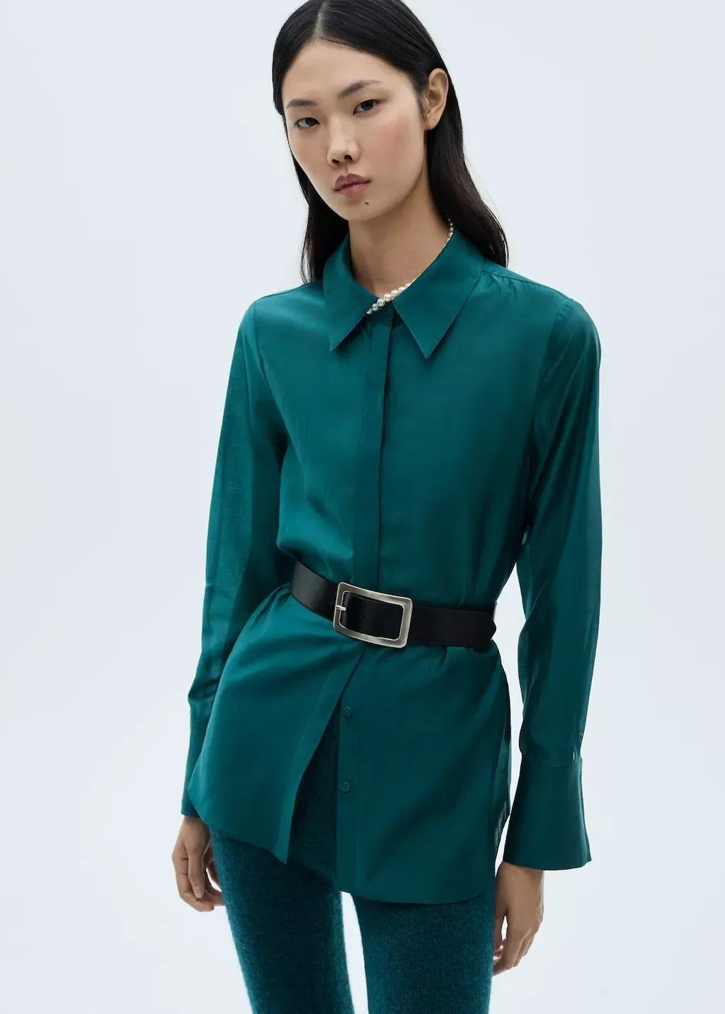 Brown Satin Shirt With Hidden Buttons, , medium