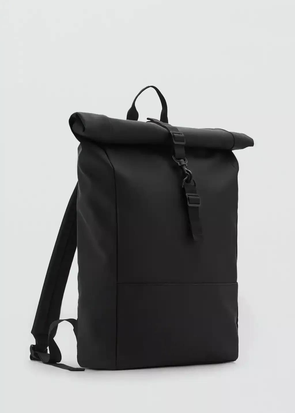 Black Rubberized Backpack With Flap Closure, , medium