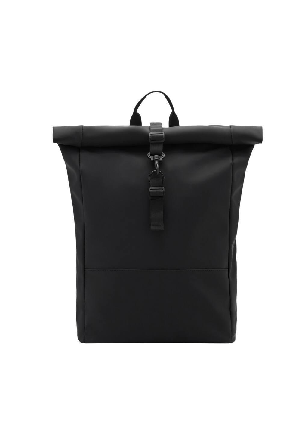 Black Rubberized Backpack With Flap Closure, Black, large image number 3