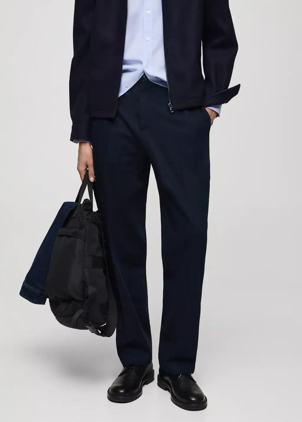 Navy Straight-Fit Pleated Trousers, , large image number 0