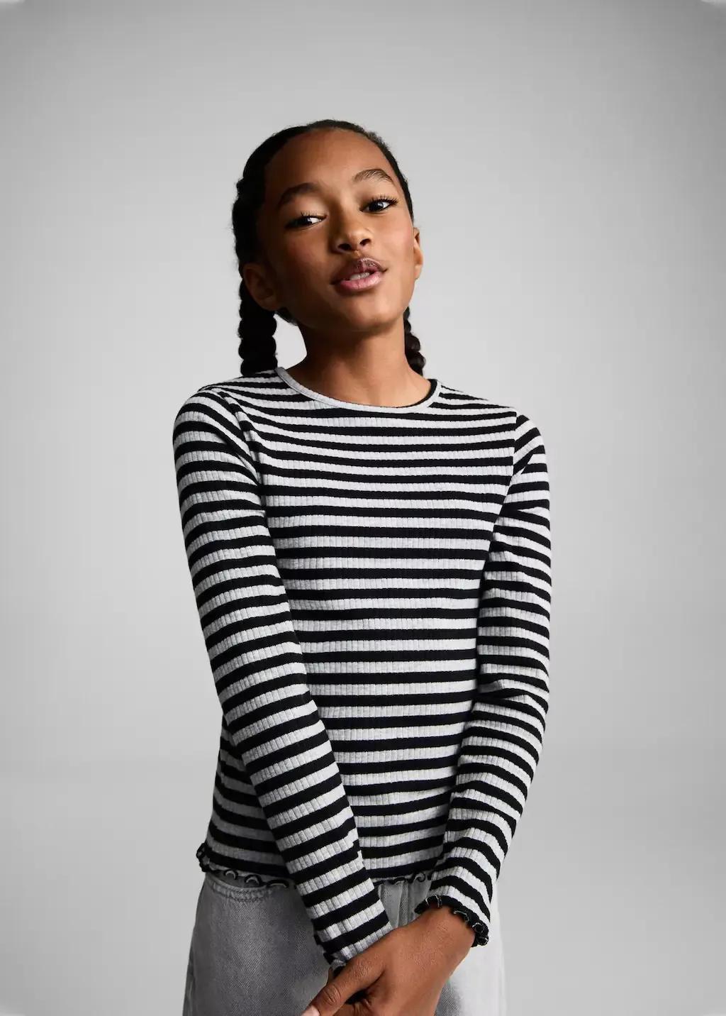 Grey Striped Rib T-Shirt, Kids Girl, , medium