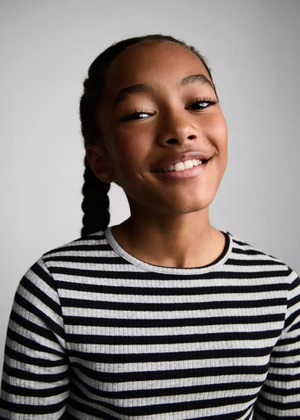 Grey Striped Rib T-Shirt, Kids Girl, , large image number 1