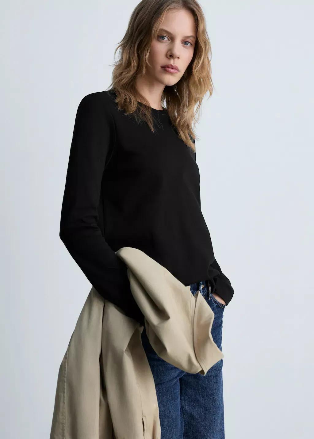 Black Long Sleeve Cotton T-Shirt, , large image number 0