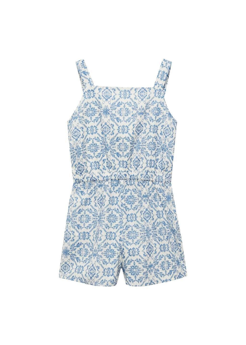 Blue Linen-Blend Printed Jumpsuit, Kids Girl, , large image number 0