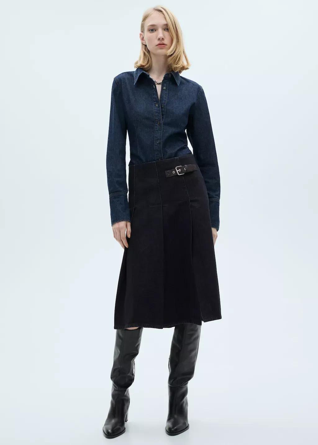 Blue Rinse-Wash Midi-Skirt With Buckle, , large image number 3