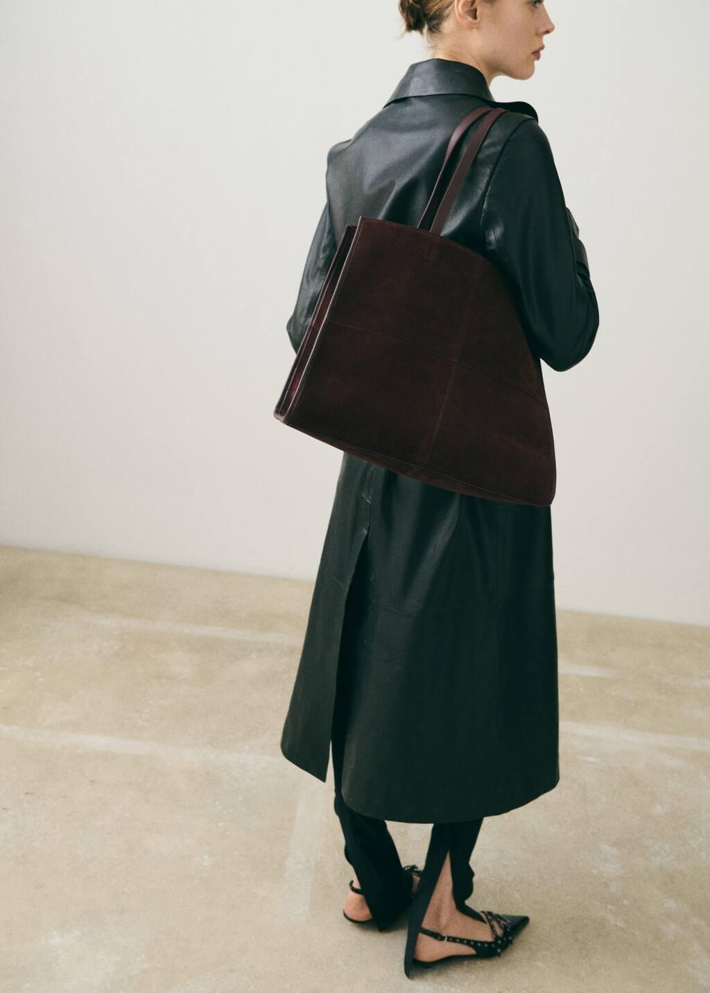 Red Leather Shopper Bag With Stitching, Dark Red, large image number 6