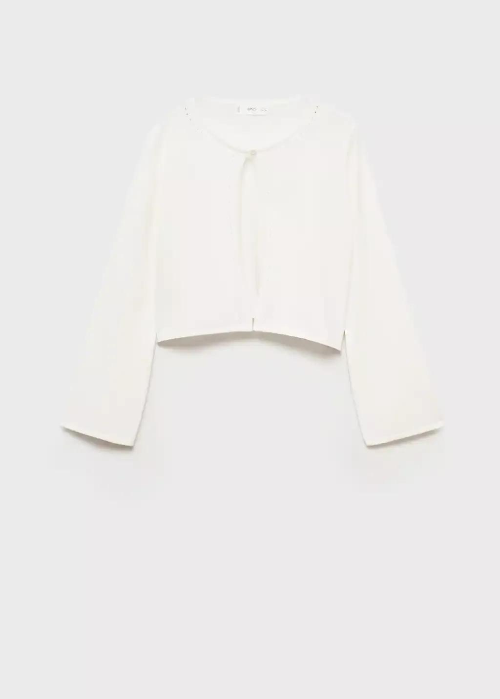 White Fine Knit Cotton Cardigan, Kids Girl, , large image number 0