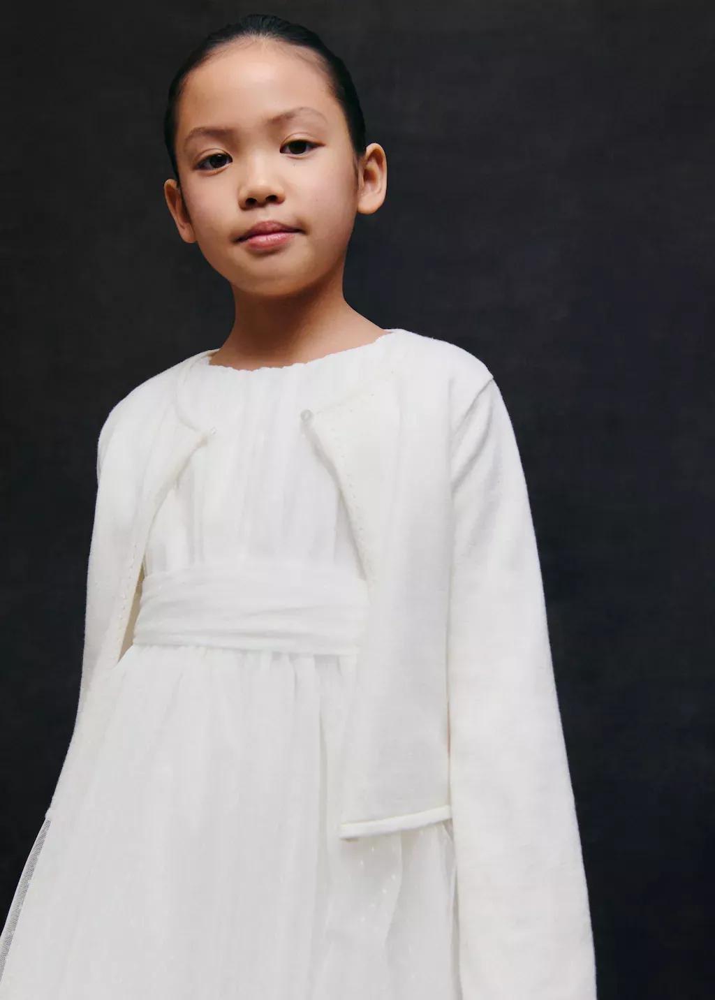 White Fine Knit Cotton Cardigan, Kids Girl, , large image number 3