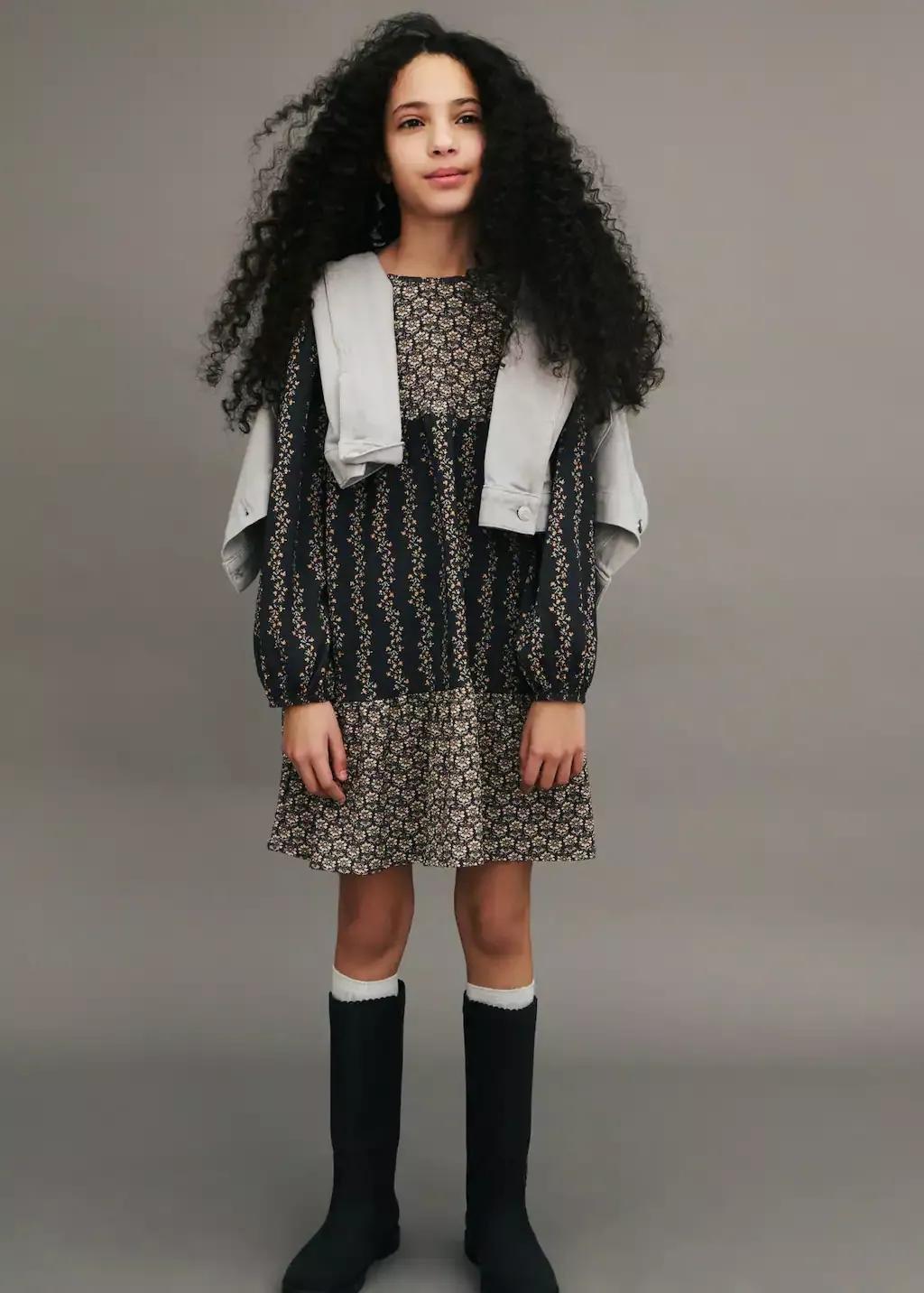 Grey Flower Print Dress, Kids Girl, , large image number 3