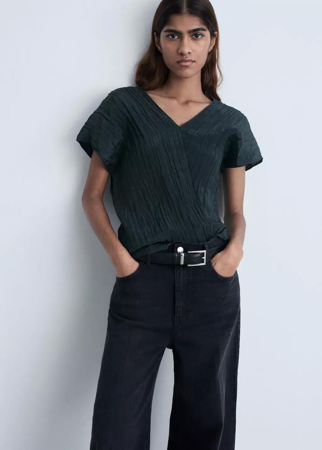 Blue Wrinkled Effect V-Neck Top, , medium