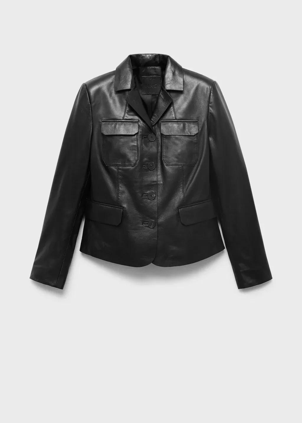 Black Leather Jacket With Flap Pockets, , large image number 0