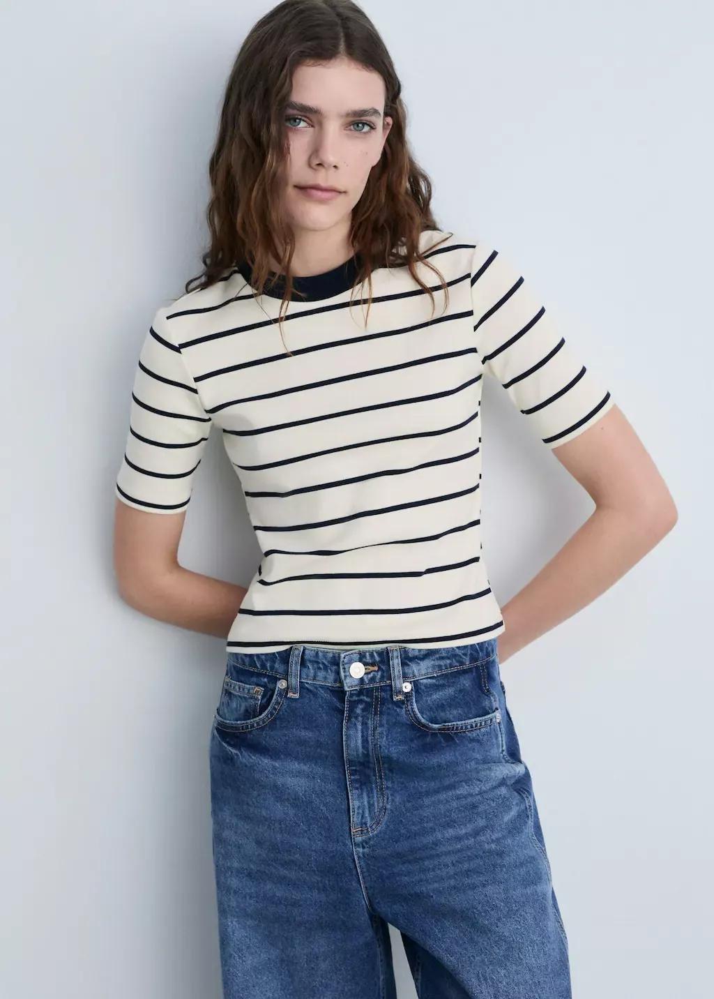Beige Striped Cotton T-Shirt, , medium
