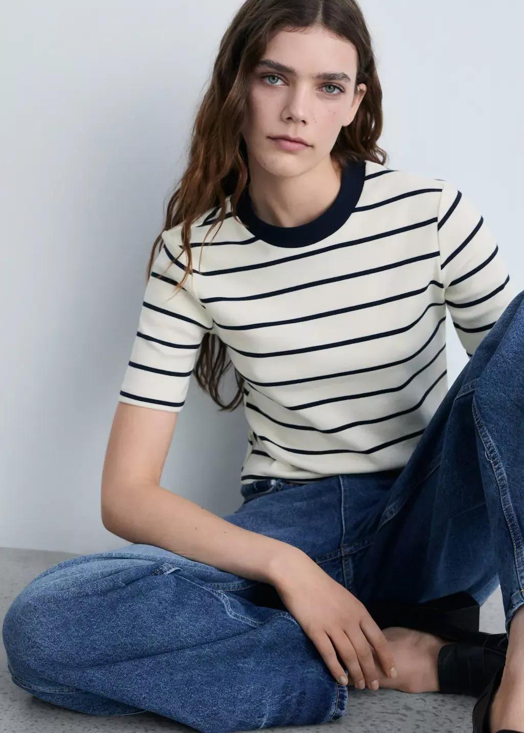 Beige Striped Cotton T-Shirt, , large image number 3