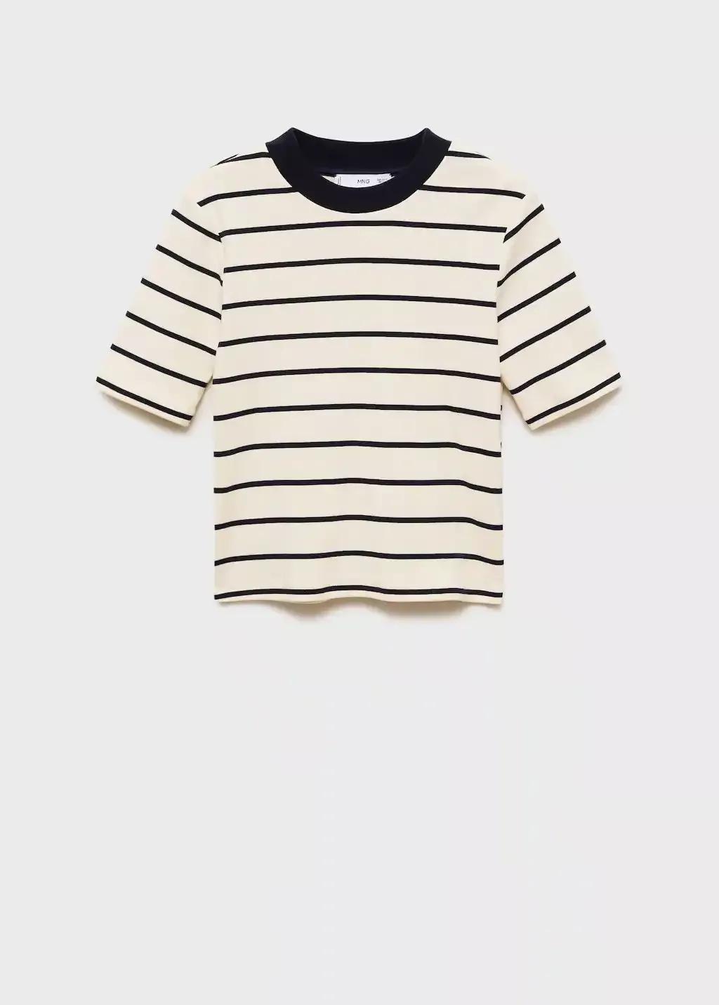 Beige Striped Cotton T-Shirt, Light Beige, large image number 4