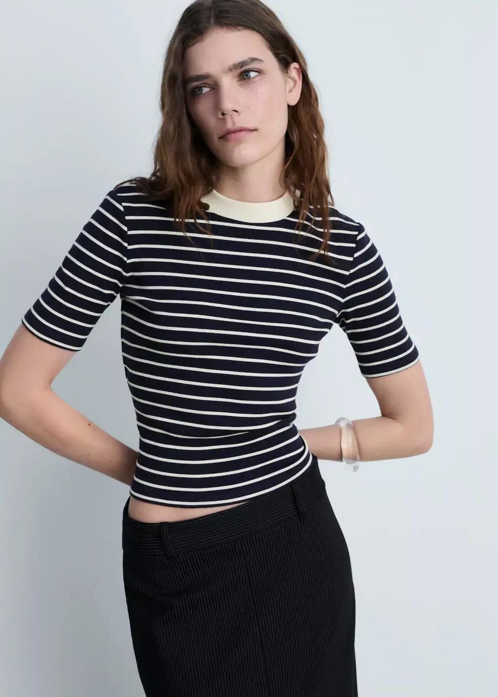 Navy Striped Cotton T-Shirt, , medium