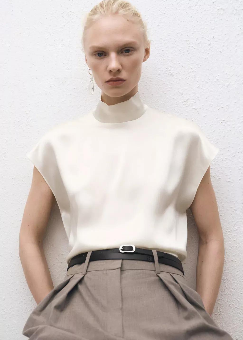 Beige High Neck Silk Blouse, , medium