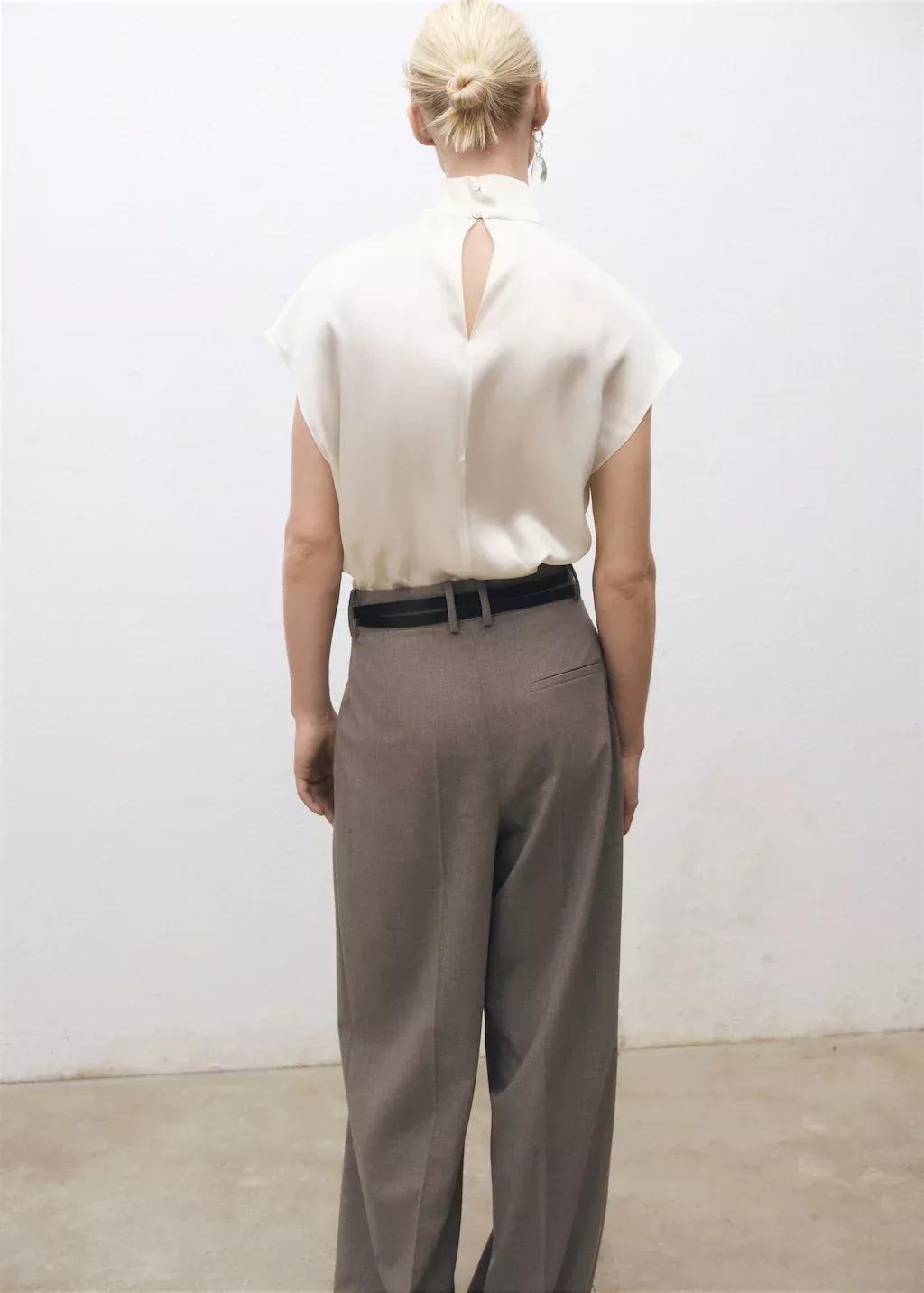 Beige High Neck Silk Blouse, , large image number 7