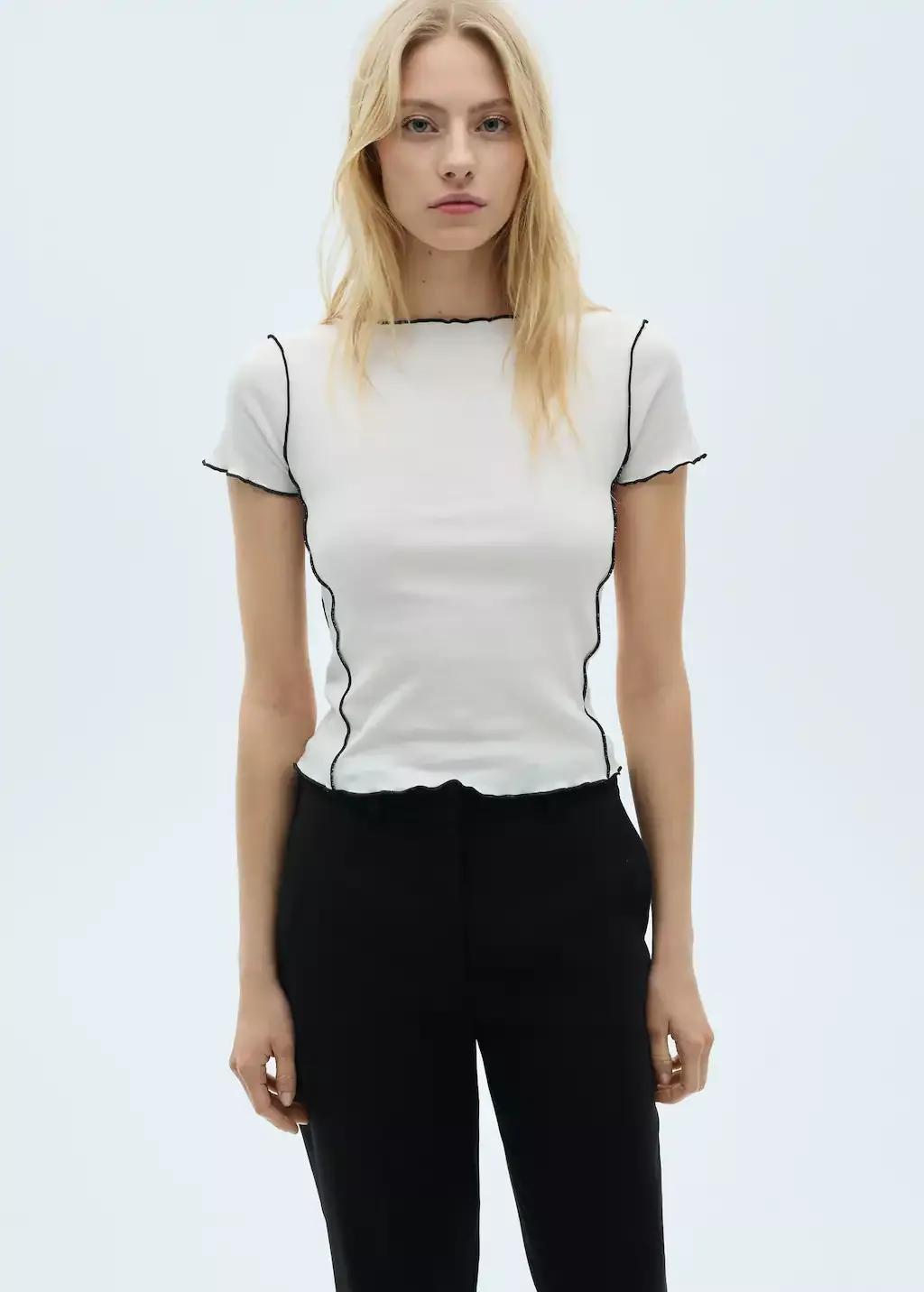 White Crop Top T-Shirt With Contrasting Trim, , large image number 1