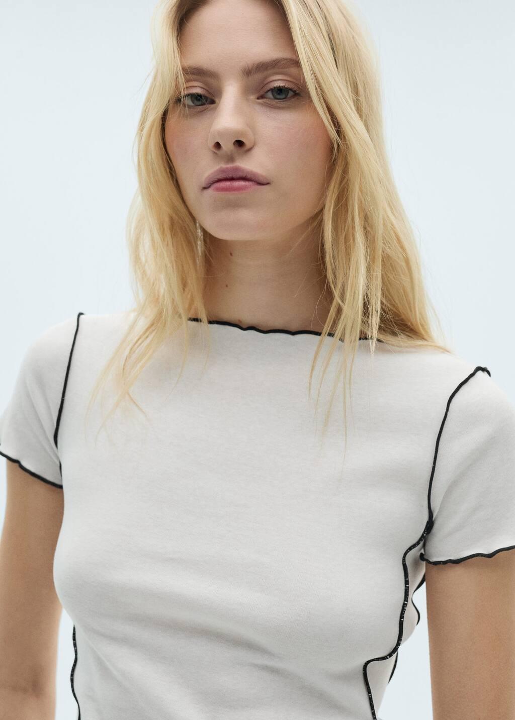 White Crop Top T-Shirt With Contrasting Trim, , large image number 2