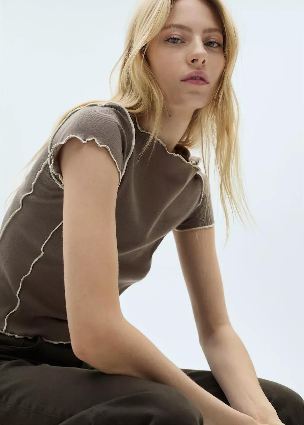 Brown Crop Top T-Shirt With Contrasting Trim, , large image number 1
