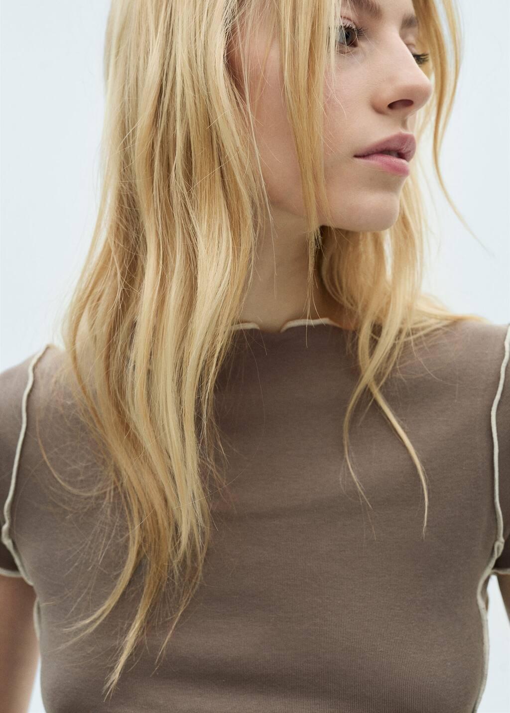 Brown Crop Top T-Shirt With Contrasting Trim, , large image number 2