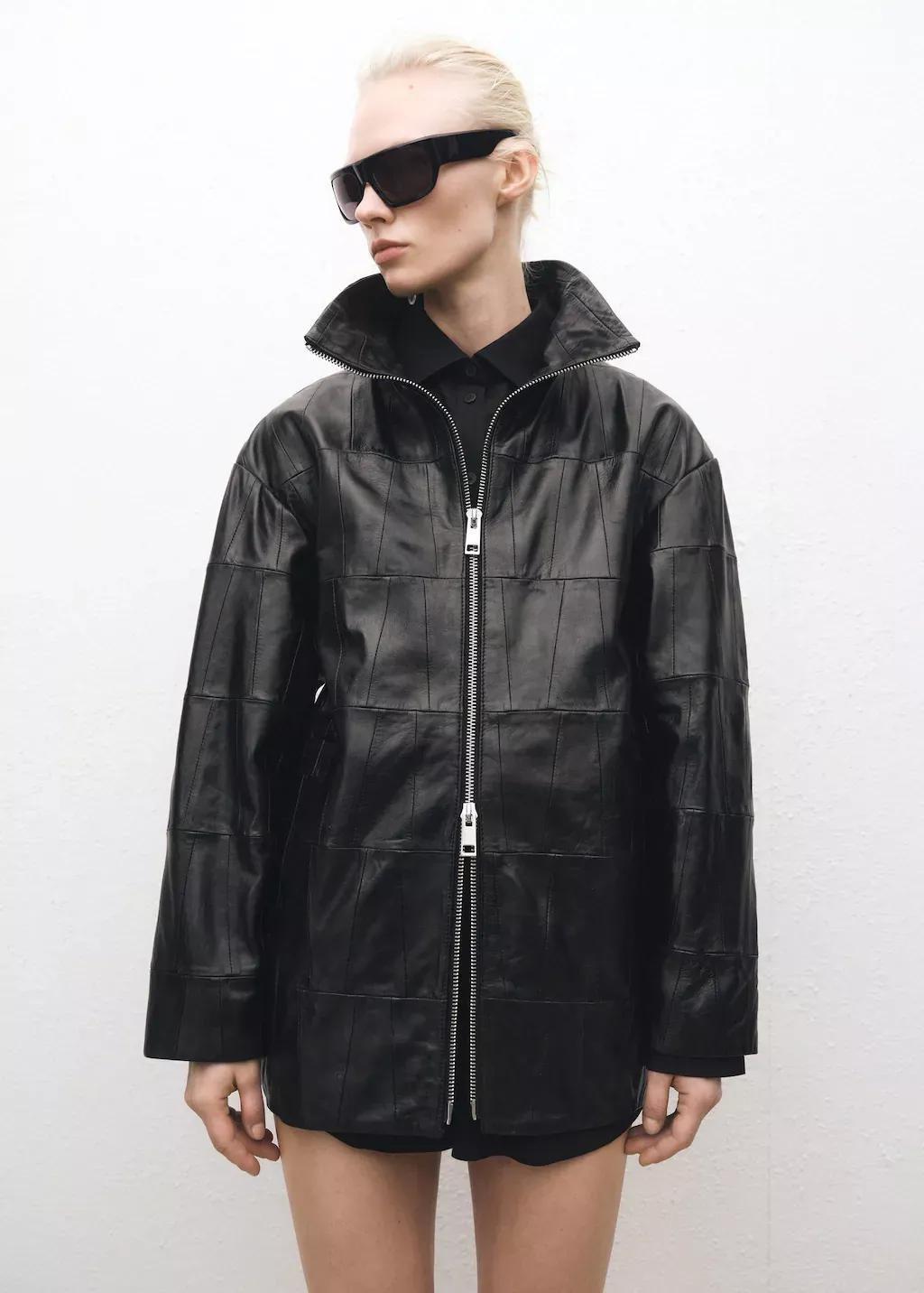 Black Oversized Patchwork Leather Coat, , large image number 0