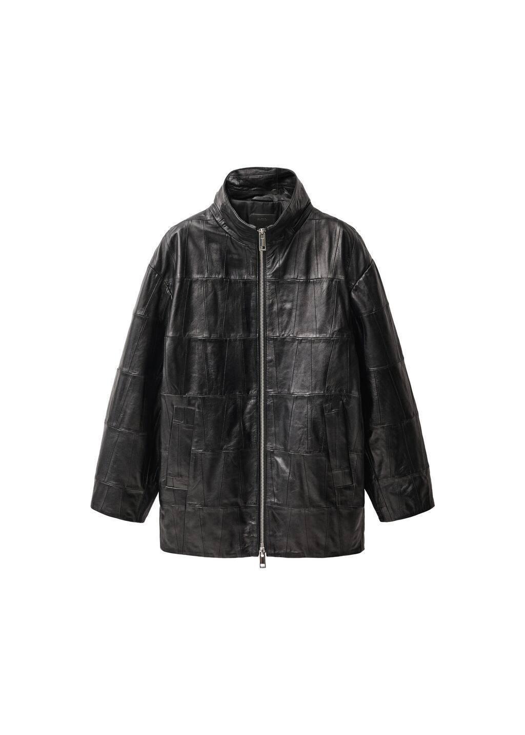 Black Oversized Patchwork Leather Coat, , large image number 2