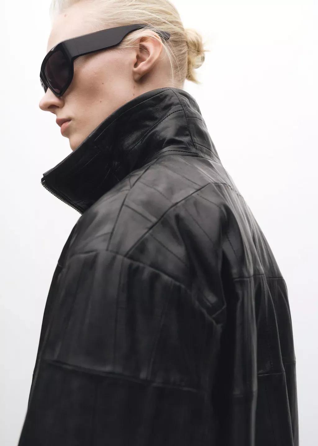 Black Oversized Patchwork Leather Coat, , large image number 3