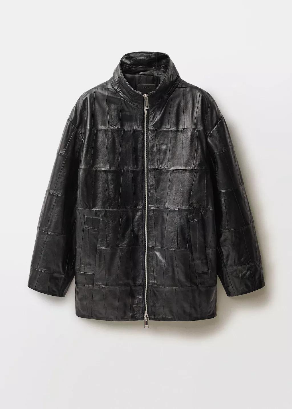 Black Oversized Patchwork Leather Coat, , large image number 4