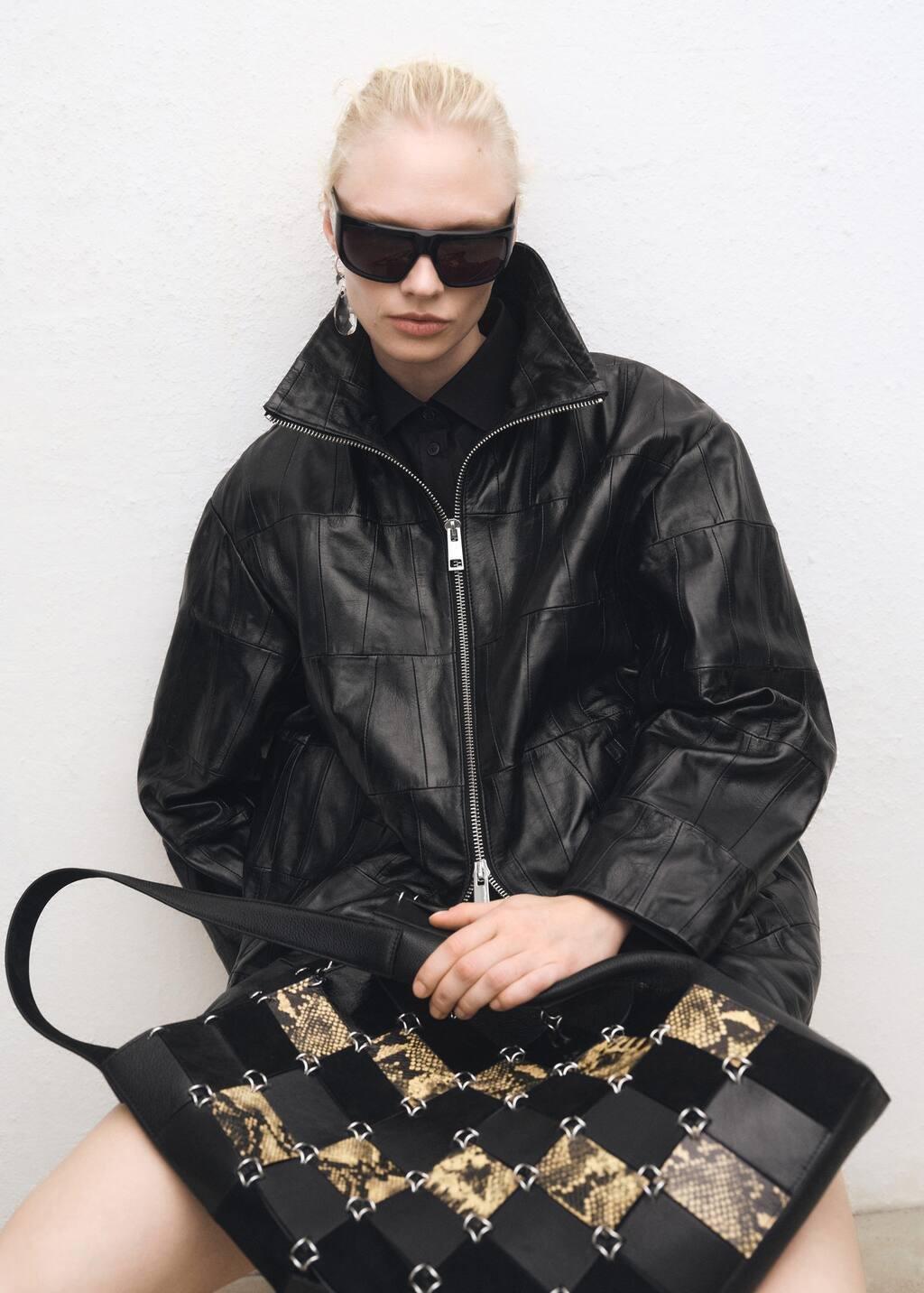 Black Oversized Patchwork Leather Coat, , large image number 5