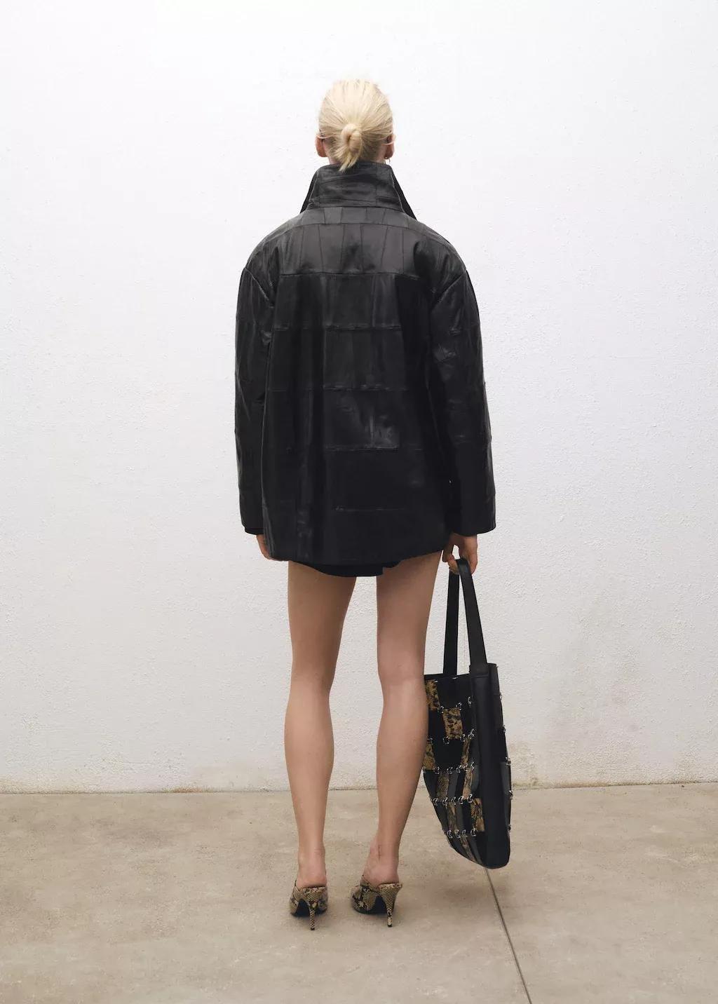 Black Oversized Patchwork Leather Coat, , large image number 7