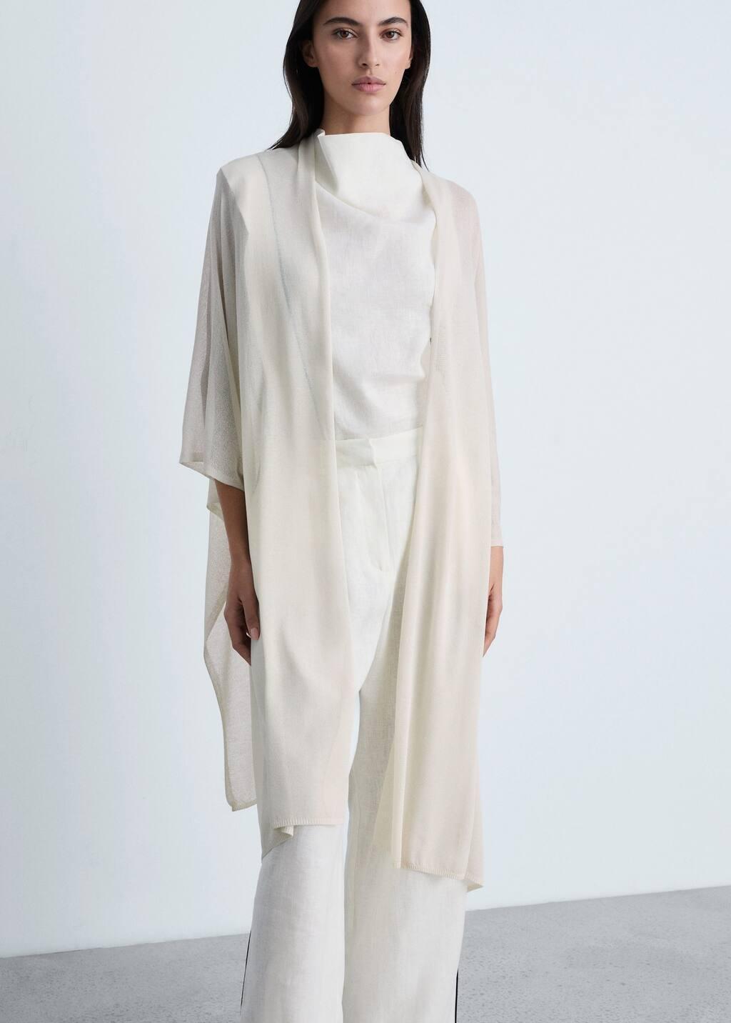White Fine Knit Long Cardigan, , medium