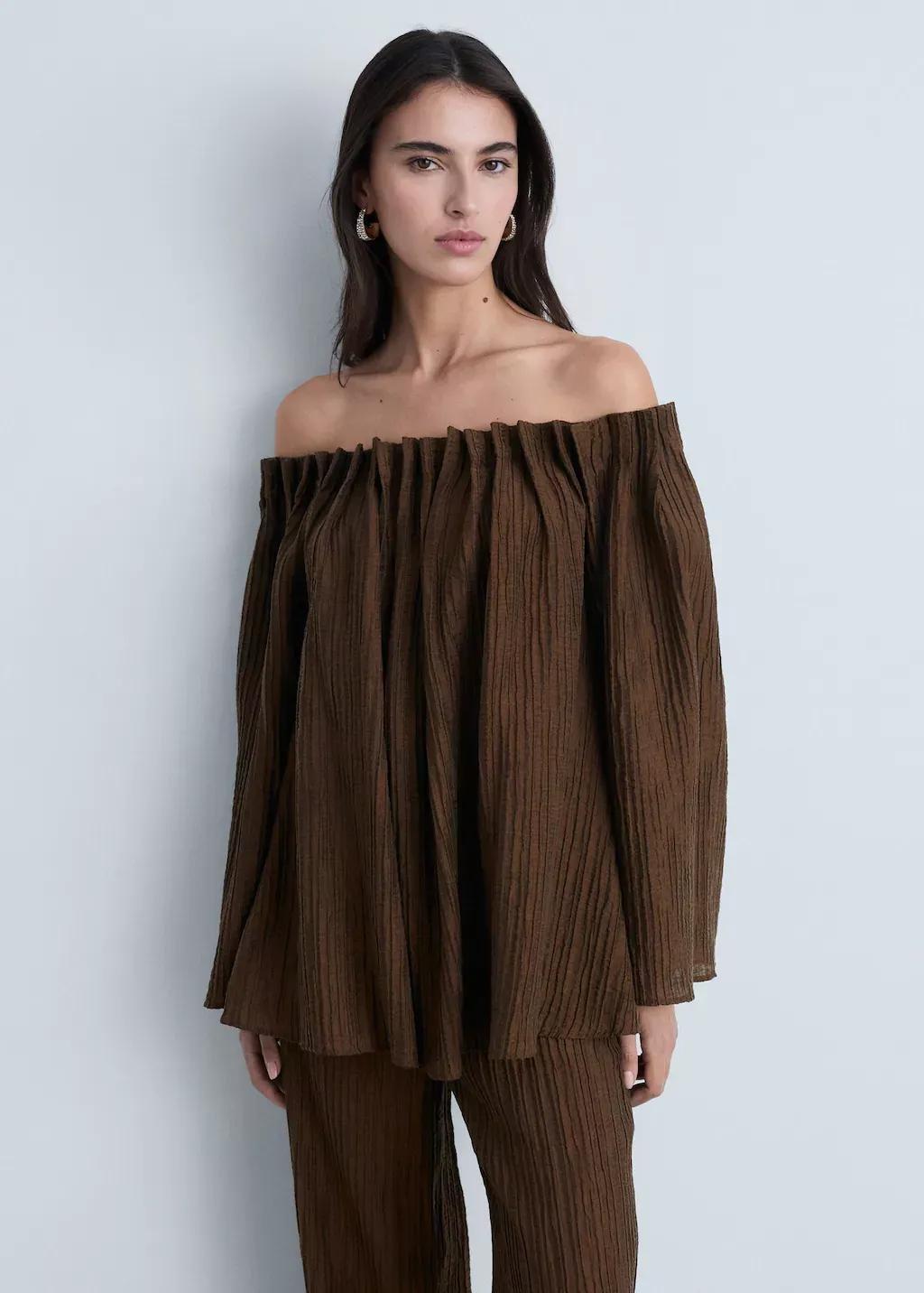 Brown Textured Gathered Blouse, , large image number 0