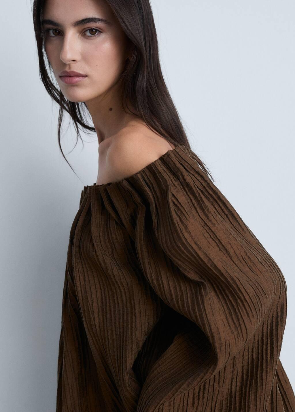 Brown Textured Gathered Blouse, , large image number 1