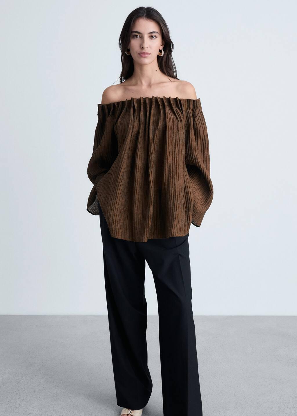 Brown Textured Gathered Blouse, , large image number 3