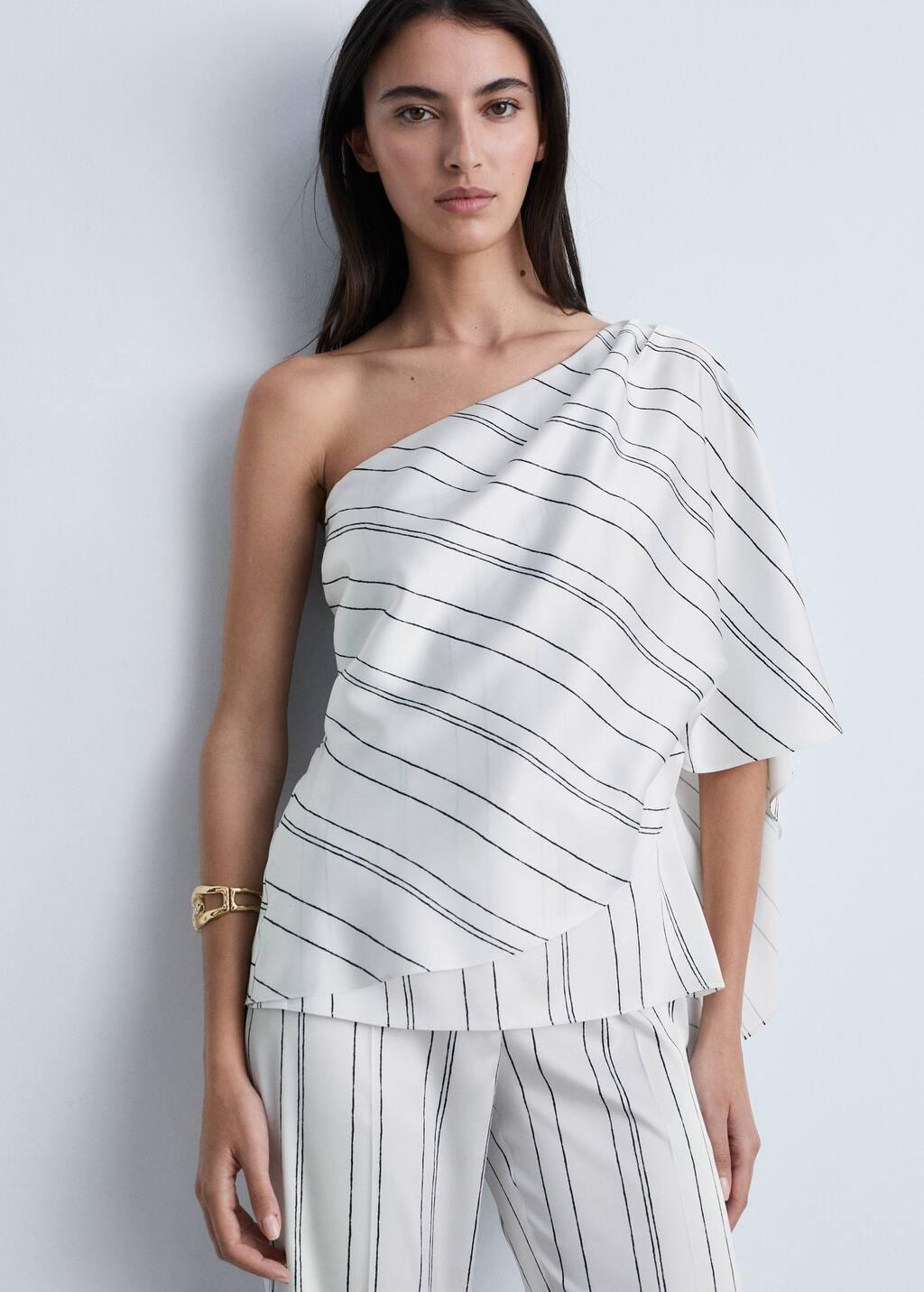 White Asymmetrical Striped Blouse, , medium