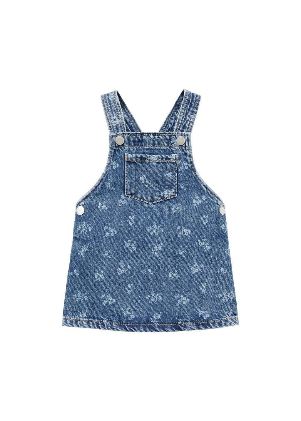 Blue Printed Denim Pinafore Dress, Kids Girls, , medium