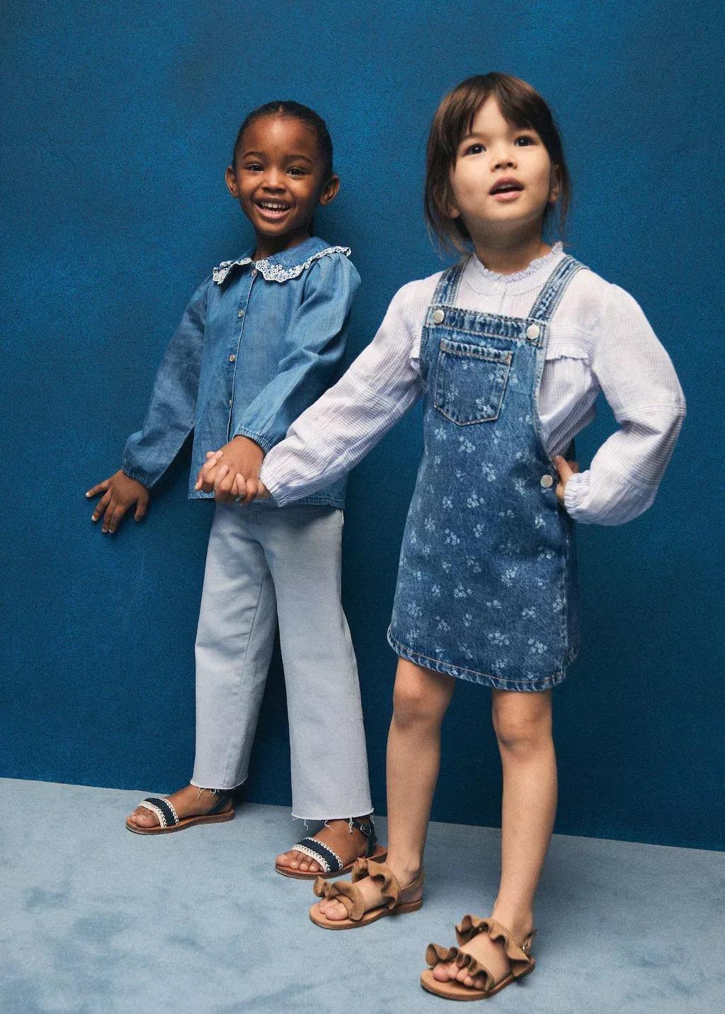 Blue Printed Denim Pinafore Dress, Kids Girls, , large image number 3