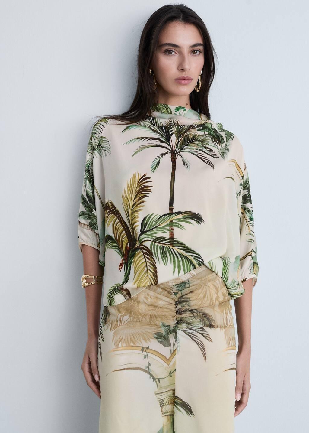 Beige Draped Cape With Tropical Print, , large image number 0