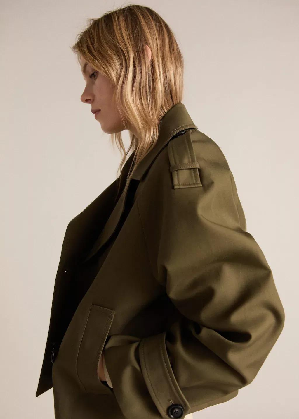 Khaki Double-Breasted Jacket With Lapels, , large image number 0