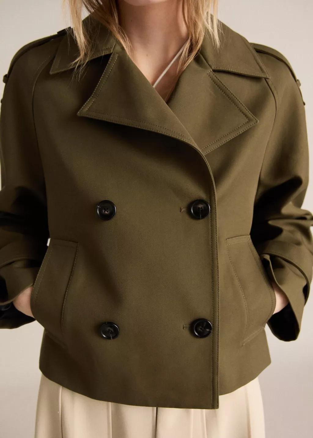 Khaki Double-Breasted Jacket With Lapels, , large image number 3