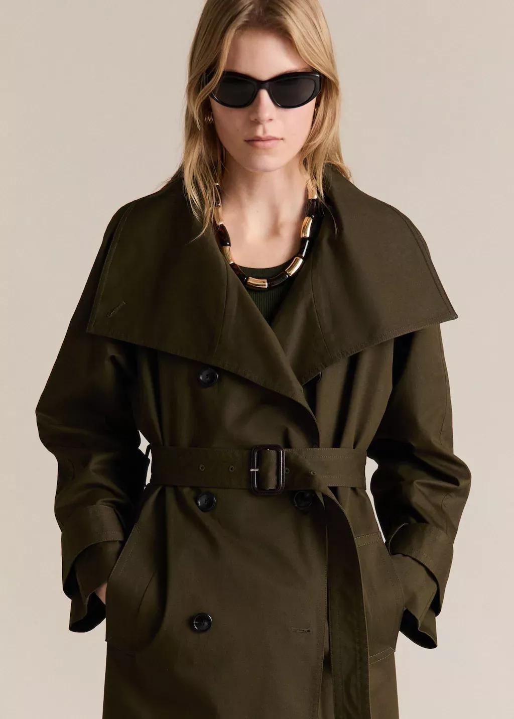 Khaki Long Double-Breasted Trench Coat, , large image number 0
