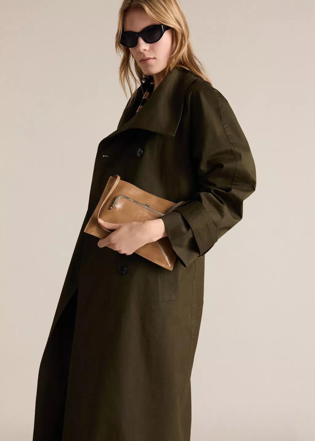 Khaki Long Double-Breasted Trench Coat, , large image number 3